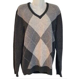 Express Men L Lambswool Sweater V-Neck Gray/Black Argyle Diamond Preppy Y2K